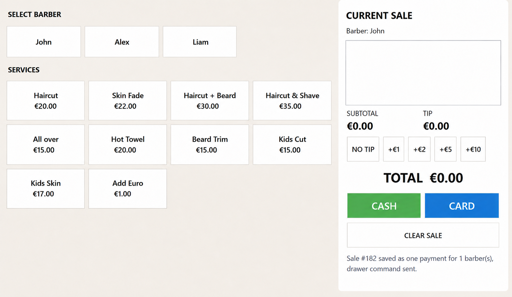Caleri POS screen with staff, services and current sale